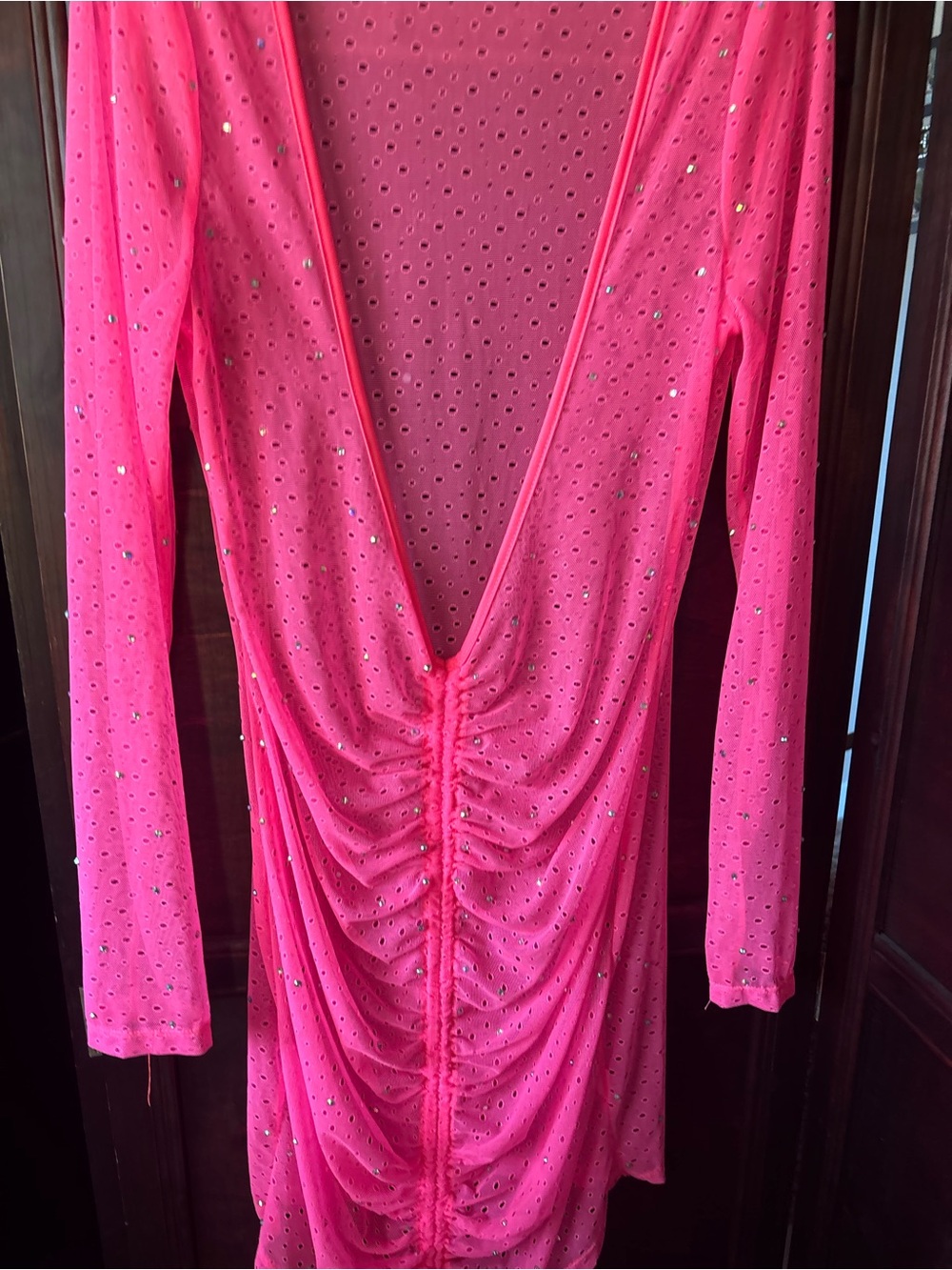Banjul Hot Pink Long Sleeve Ruched Deep V Dress, Y2K embellished style